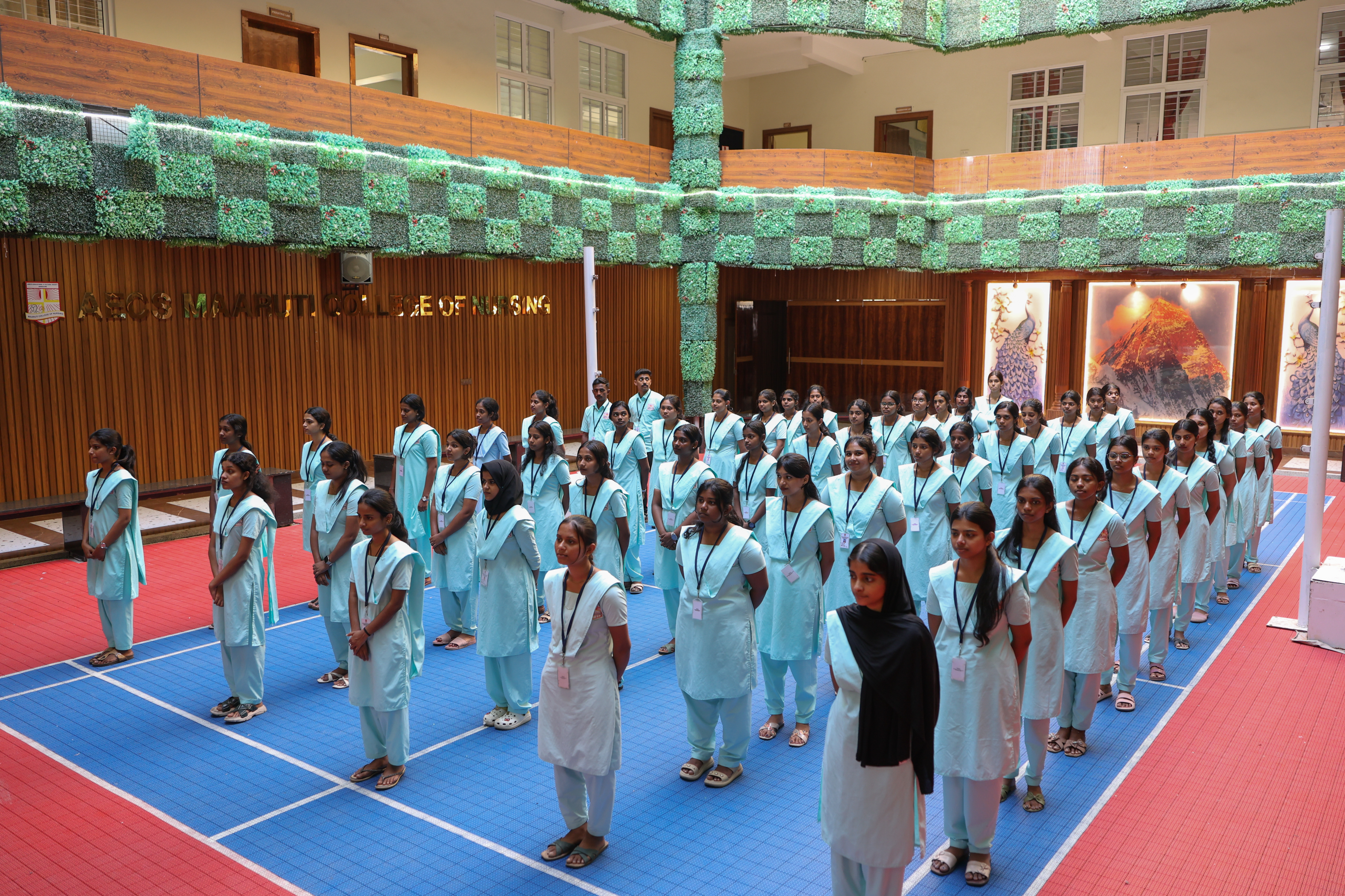 Nursing students assembled in the main atrium